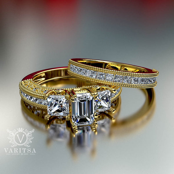1.18ct Emerald Cut Gold Bridal Set - 03US10